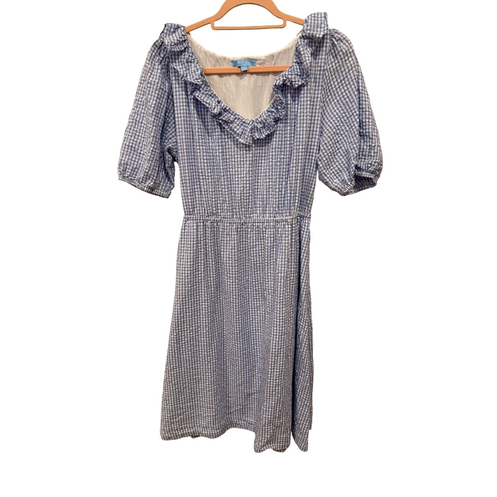 Draper James RSVP Blue Gingham Ruffle Puff Sleeve Seersucker Dress Large